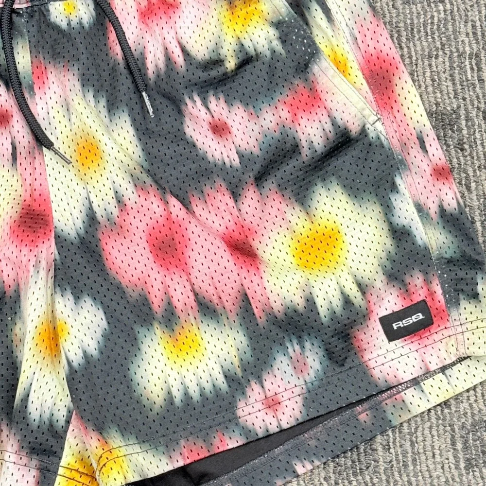 RSQ Mens Floral Mesh Shorts Grey Pink Yellow‎ Daisy Print Athletic Drawstring
